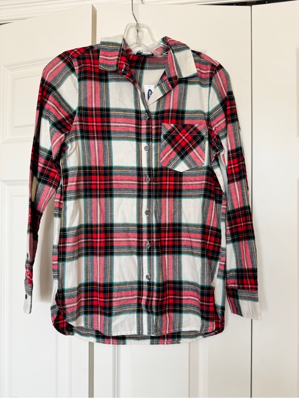 Old Navy Women's White Red Plaid Cotton Flannel Button-Up Shirt Long Sleeve NWT